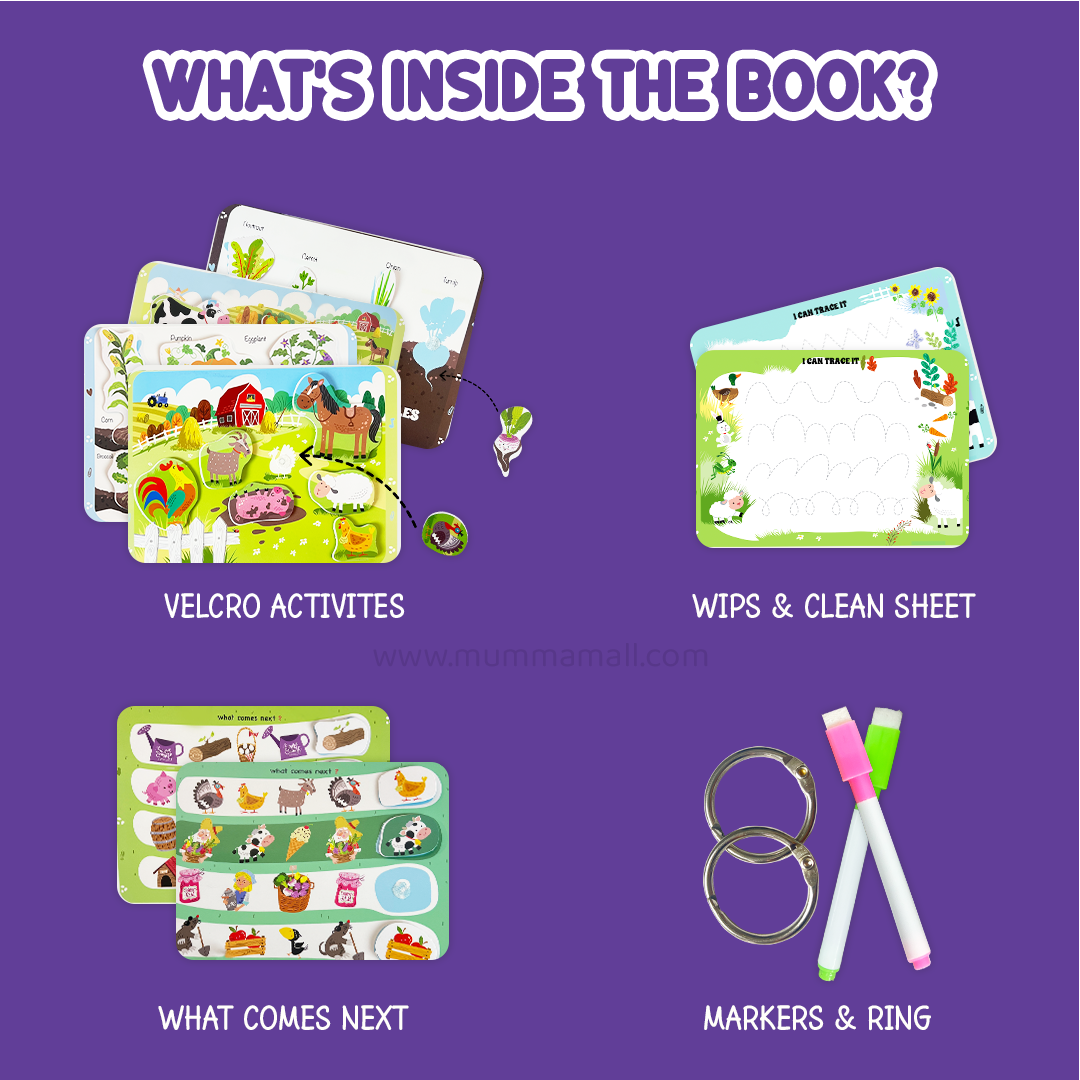 Farm Busy Book (3+ Age) – Velcro binder with farm animals, shapes, colors, counting & more to boost cognitive skills and motor development in kids