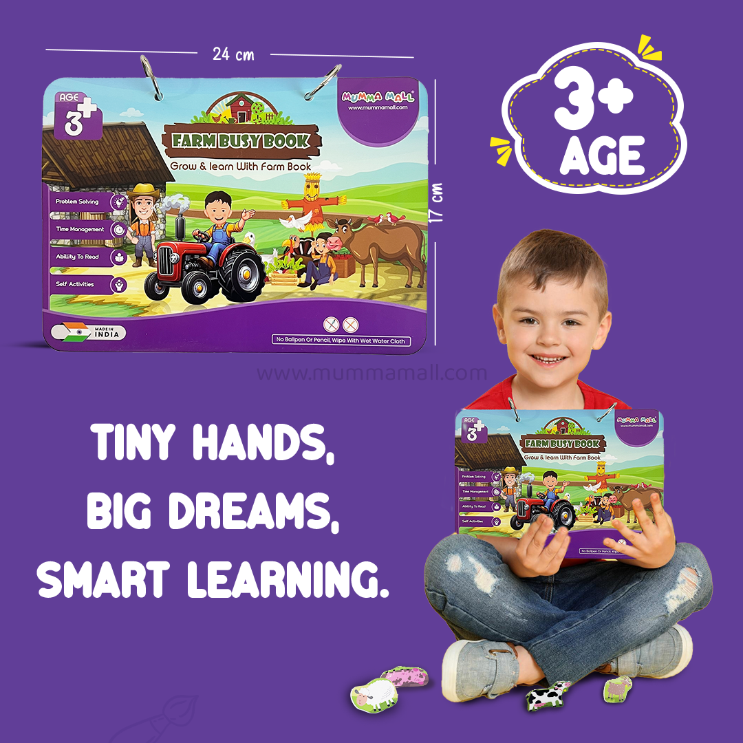 Farm Busy Book (3+ Age) – Velcro binder with farm animals, shapes, colors, counting & more to boost cognitive skills and motor development in kids