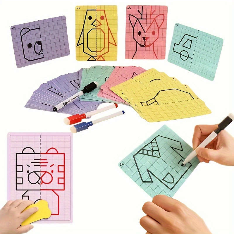 Kids' Reusable Symmetry Drawing Cards – Perfect for Art, Gifts & Brain Training (20 card With 2 Erasable Markers)