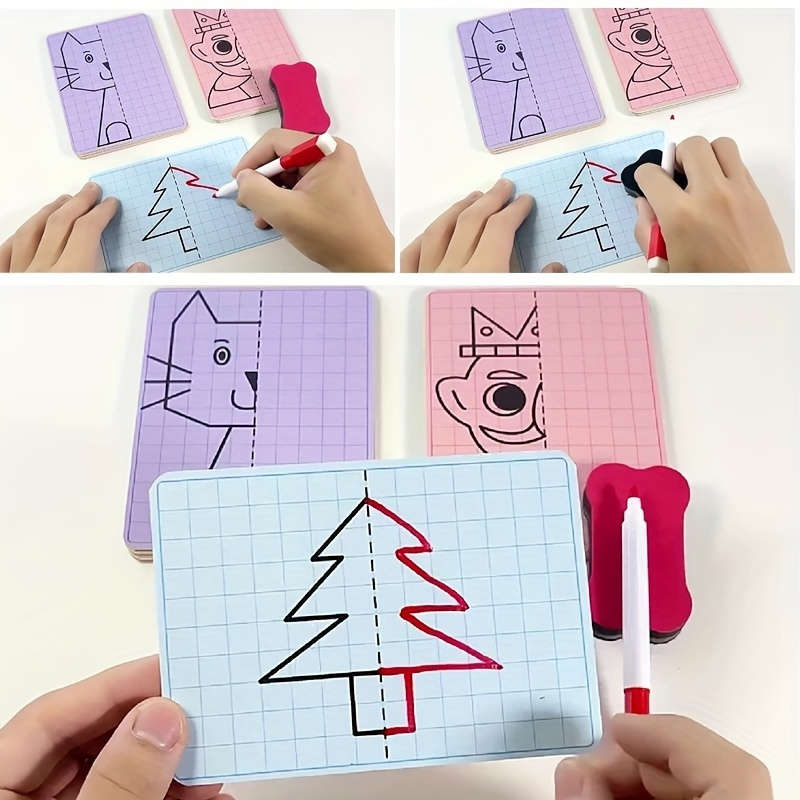 Kids' Reusable Symmetry Drawing Cards – Perfect for Art, Gifts & Brain Training (20 card With 2 Erasable Markers)