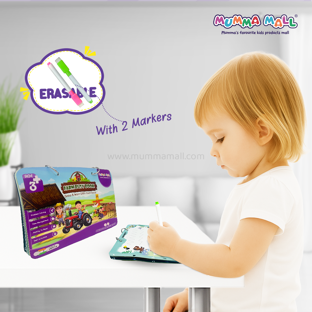 Farm Busy Book (3+ Age) – Velcro binder with farm animals, shapes, colors, counting & more to boost cognitive skills and motor development in kids