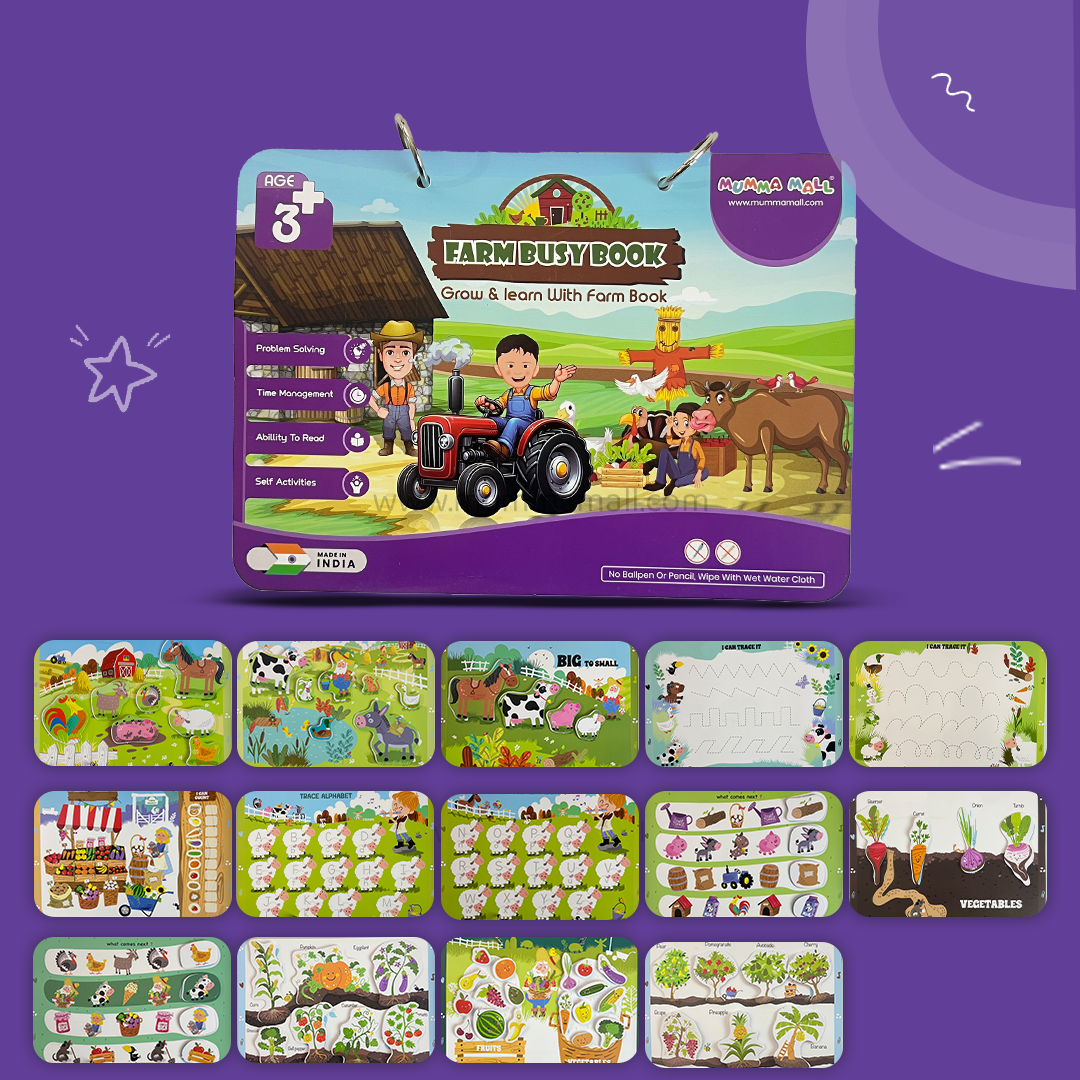 Farm Busy Book (3+ Age) – Velcro binder with farm animals, shapes, colors, counting & more to boost cognitive skills and motor development in kids