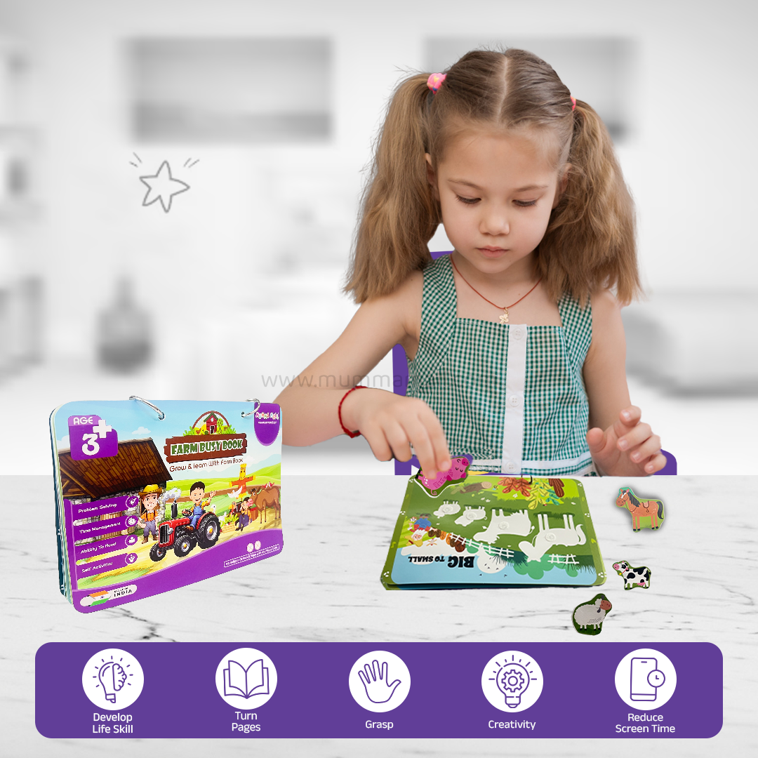 Farm Busy Book (3+ Age) – Velcro binder with farm animals, shapes, colors, counting & more to boost cognitive skills and motor development in kids