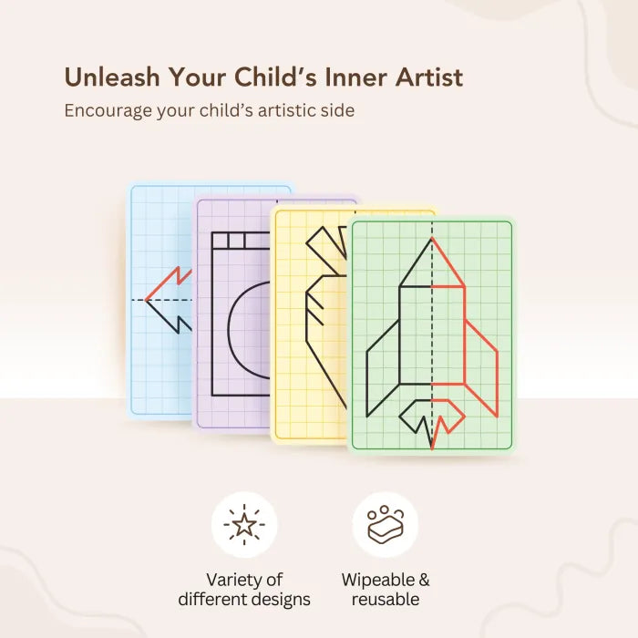 Kids' Reusable Symmetry Drawing Cards – Perfect for Art, Gifts & Brain Training (20 card With 2 Erasable Markers)