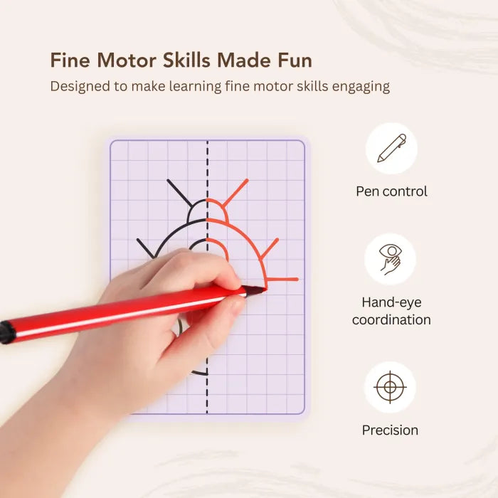 Kids' Reusable Symmetry Drawing Cards – Perfect for Art, Gifts & Brain Training (20 card With 2 Erasable Markers)