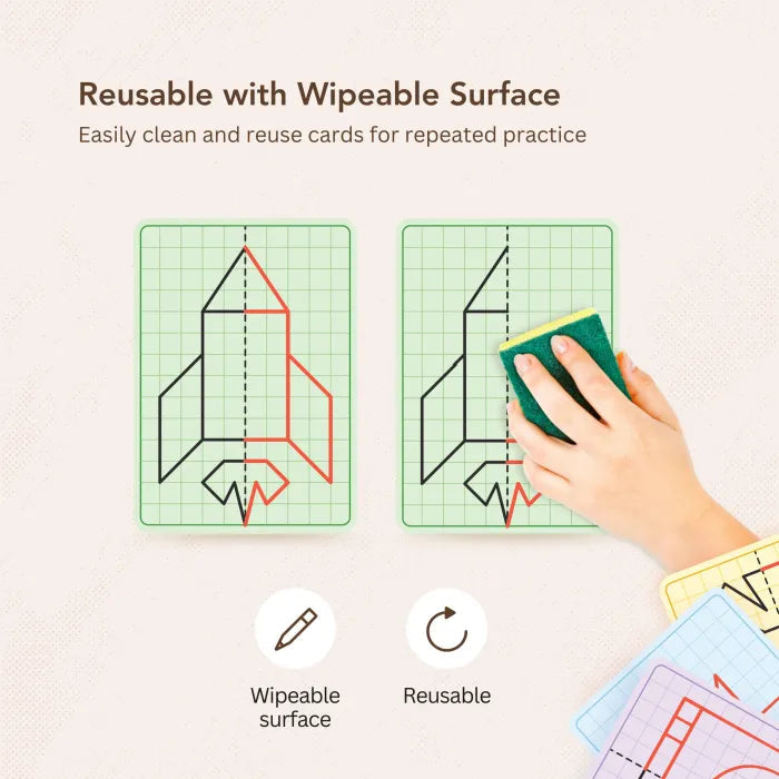 Kids' Reusable Symmetry Drawing Cards – Perfect for Art, Gifts & Brain Training (20 card With 2 Erasable Markers)